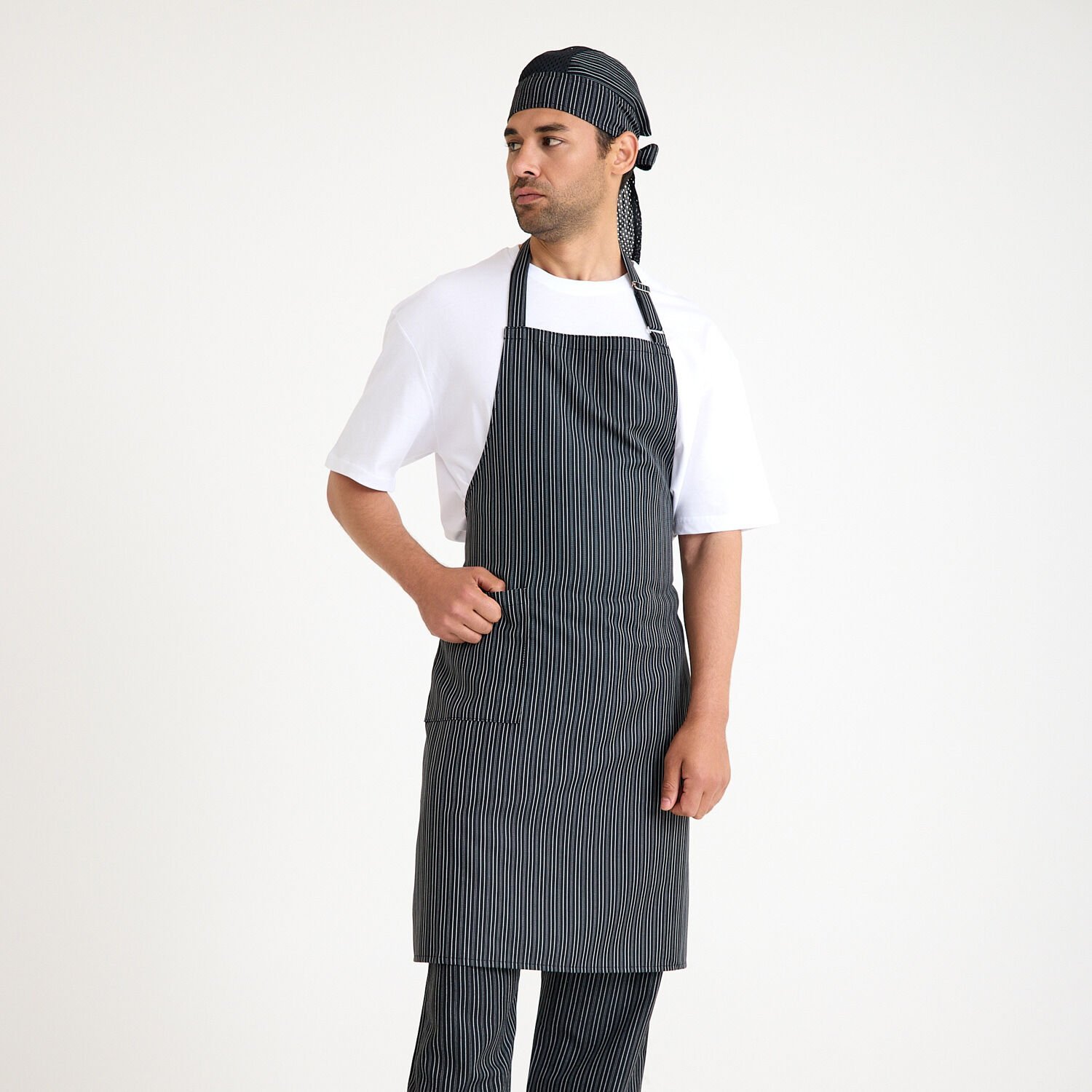 İnce Beyaz Çizgili Geniş Kuşak Askılı Önlük