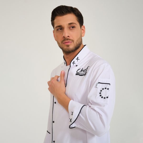 Beyaz Siyah Chef Nakışlı Likralı Aşçı Ceketi