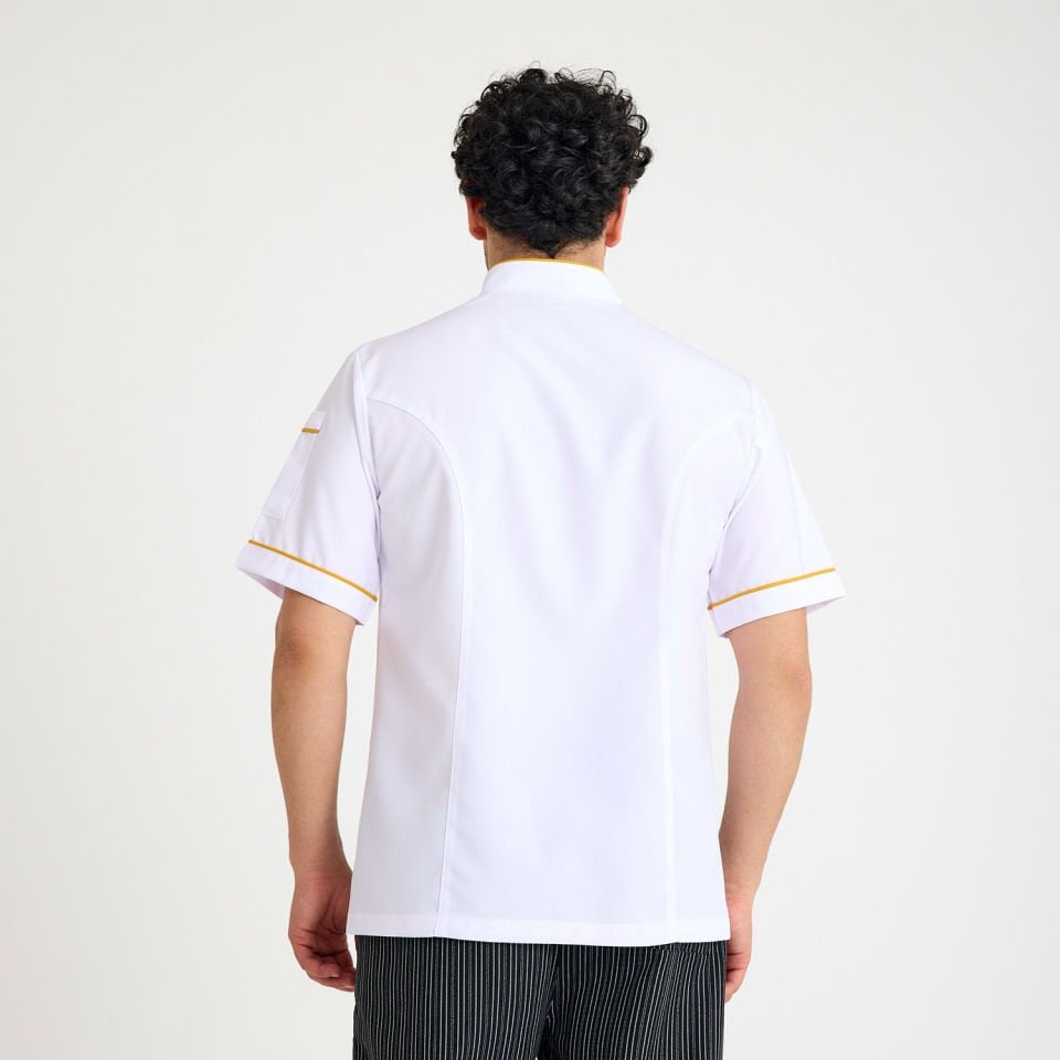 Beyaz Kısa Kol Aşçı Ceketi - Sarı Biye