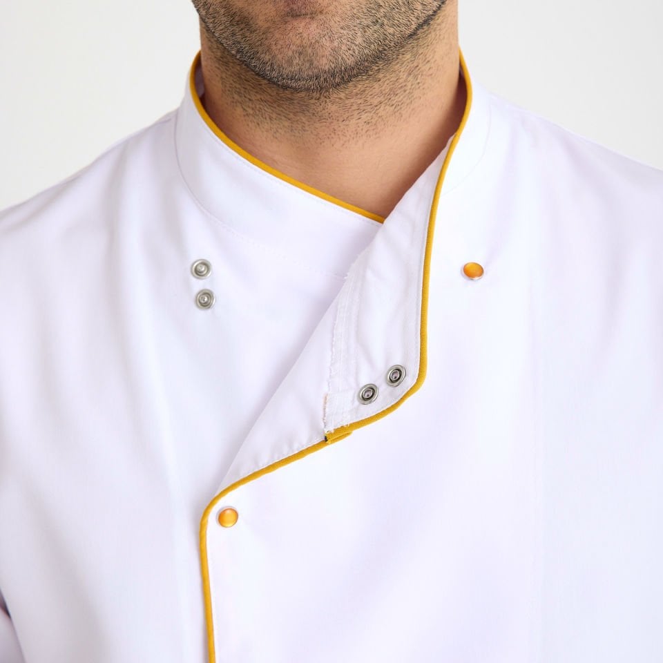 Beyaz Kısa Kol Aşçı Ceketi - Sarı Biye