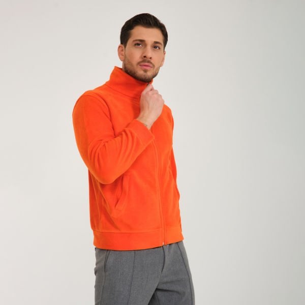 Turuncu Balıkçı Yaka Cepli Fermuarlı Polar Mont