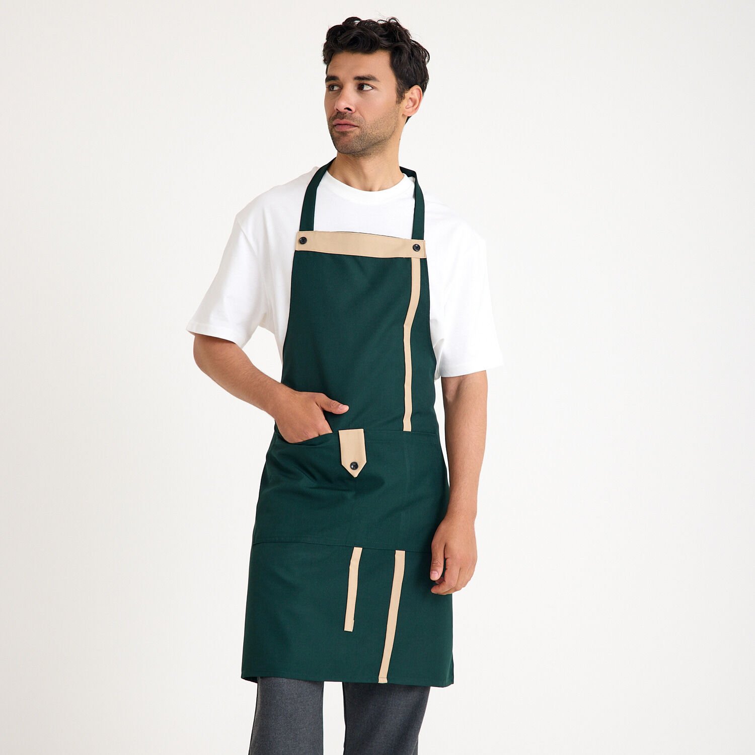 Yeşil Bej Askılı Cepli Önlük