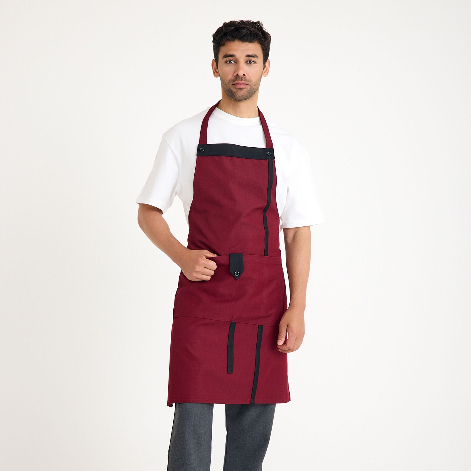 Bordo Siyah Askılı Cepli Önlük