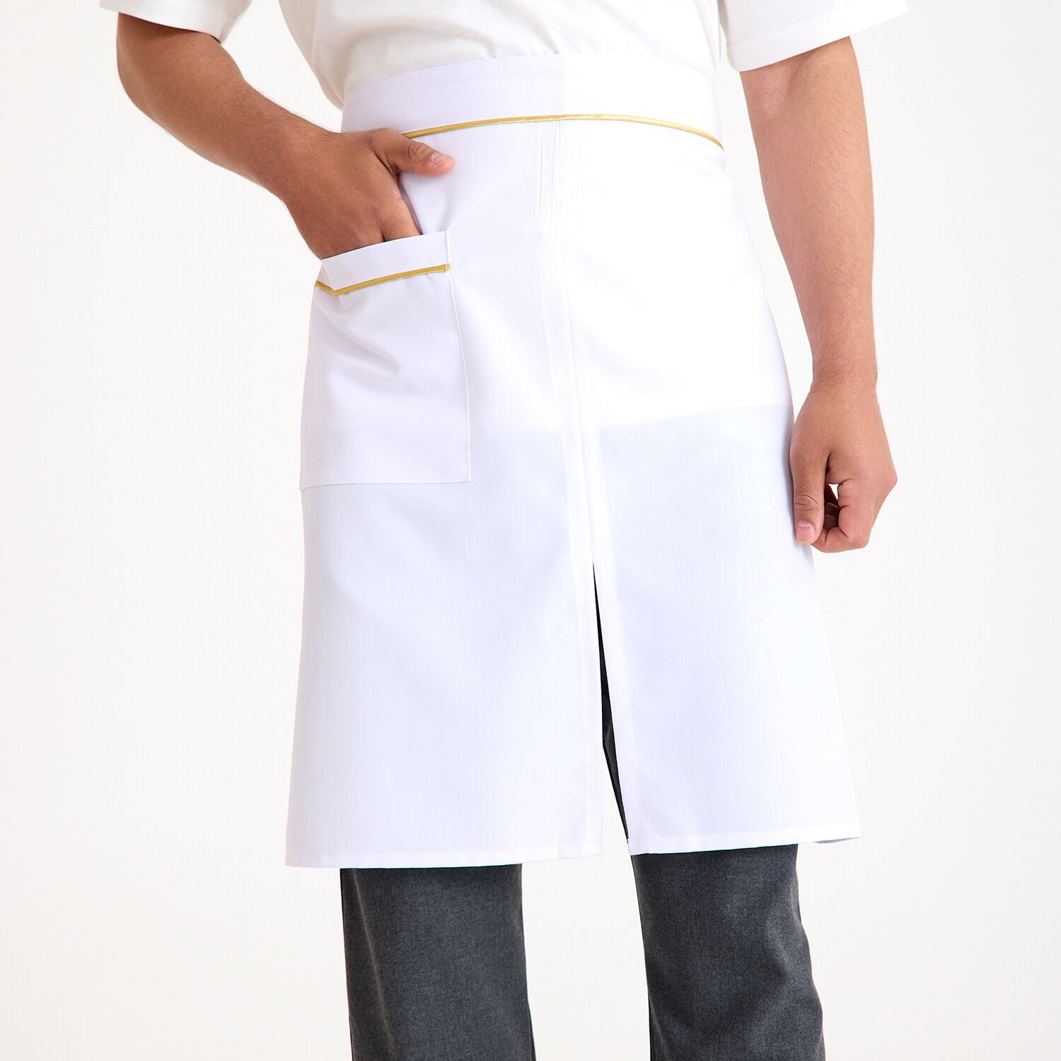 Beyaz Gold Biyeli Yarım Önlük Beyazlı Tek Cepli