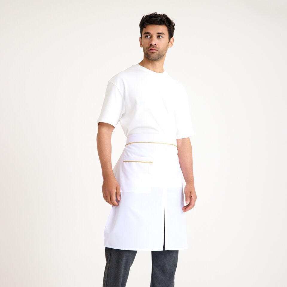 Beyaz Gold Biyeli Yarım Önlük Beyazlı Tek Cepli