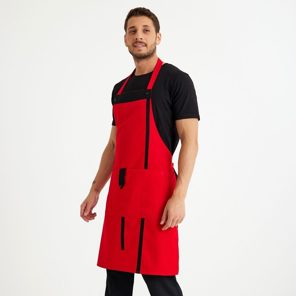 Kırmızı Siyah Askılı Cepli Önlük