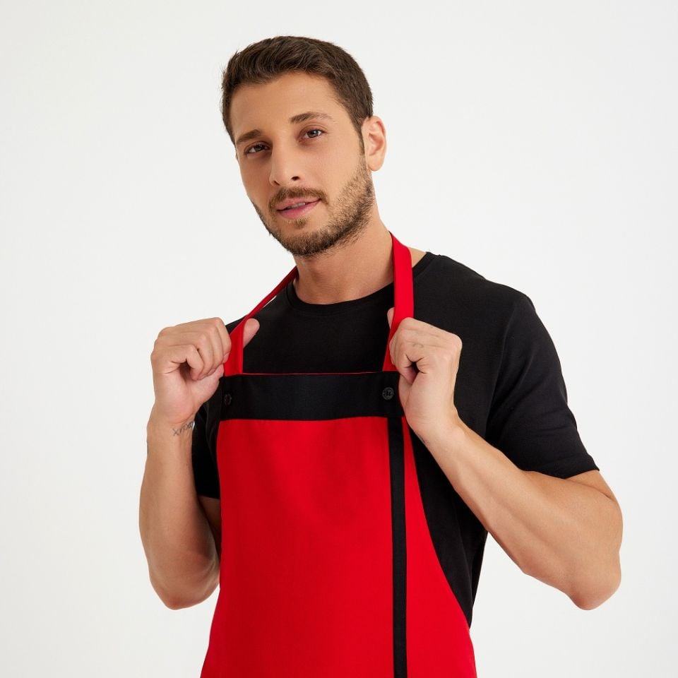 Kırmızı Siyah Askılı Cepli Önlük