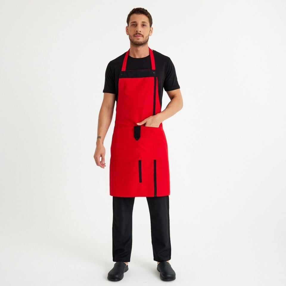 Kırmızı Siyah Askılı Cepli Önlük