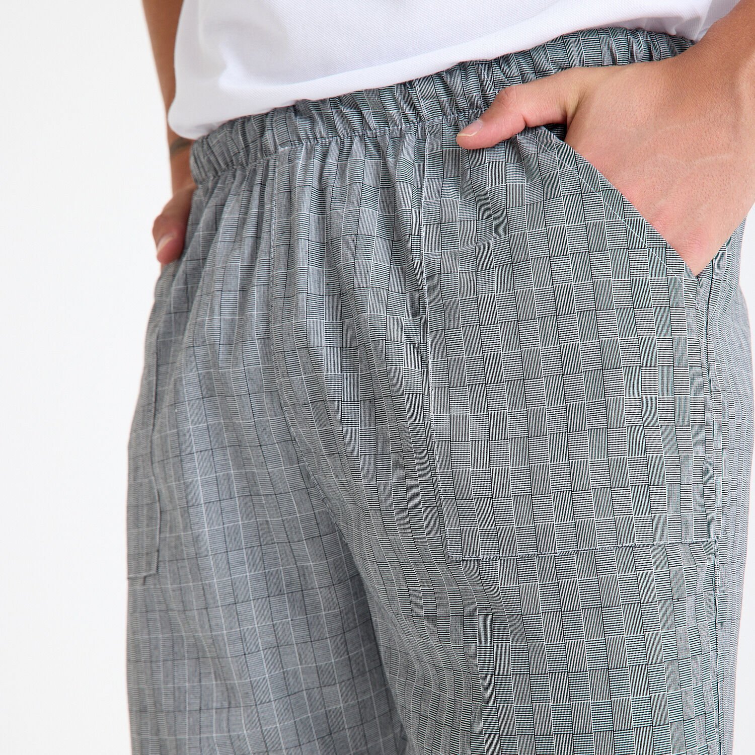 Gri Kare Desenli Lastikli Aşçı İş Pantolonu