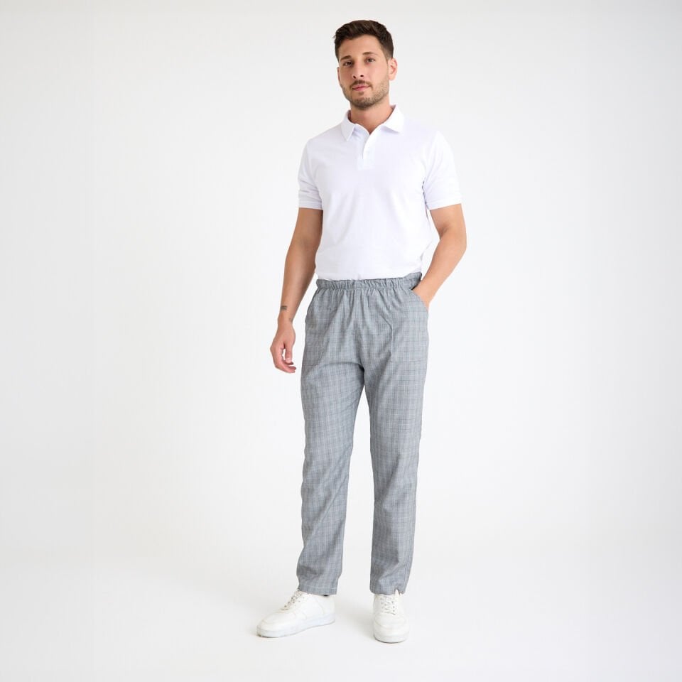 Gri Kare Desenli Lastikli Aşçı İş Pantolonu