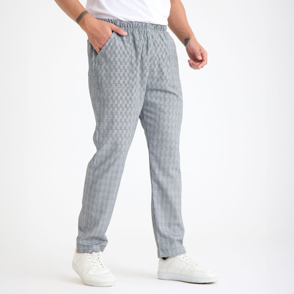 Gri Kare Desenli Lastikli Aşçı İş Pantolonu