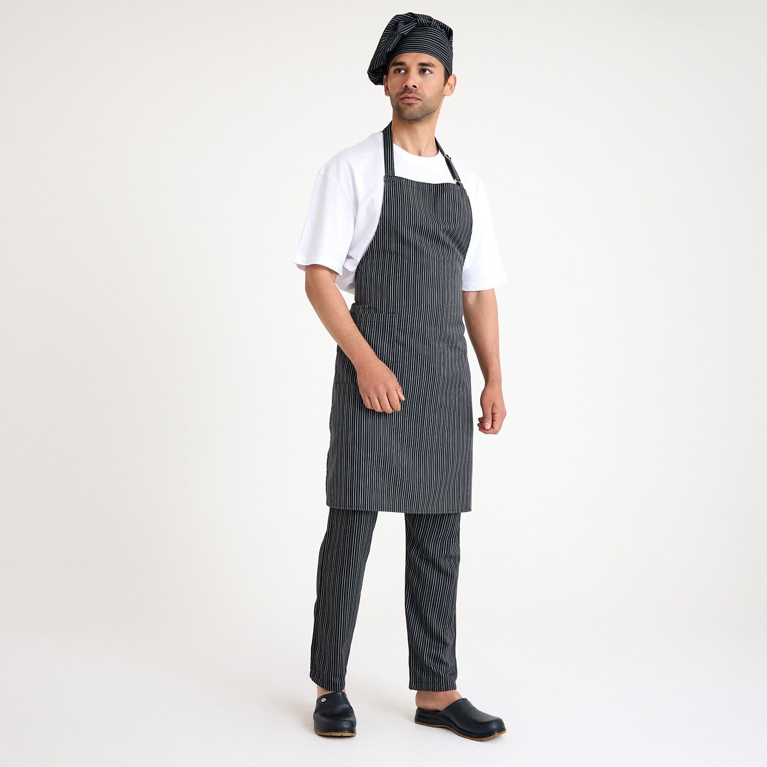 İnce Beyaz Çizgili Geniş Kuşak Askılı Önlük