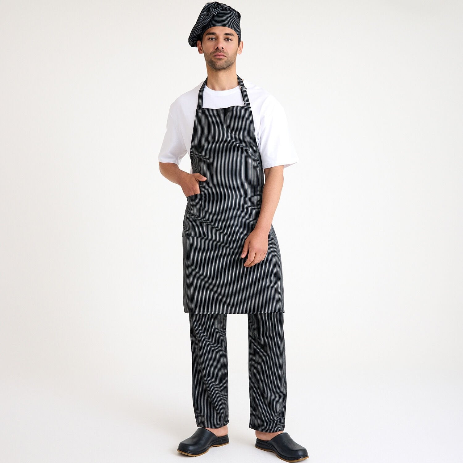 İnce Beyaz Çizgili Geniş Kuşak Askılı Önlük
