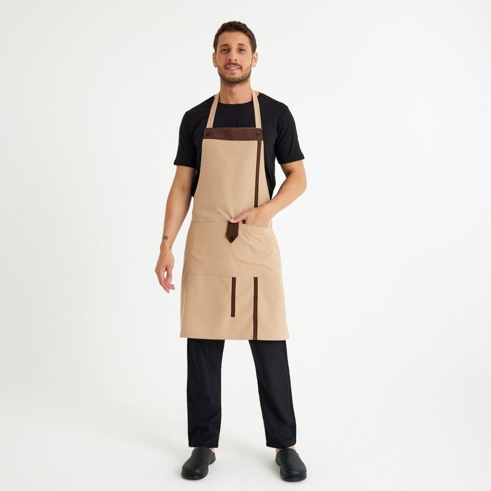 Bej Kahve Askılı Cepli Önlük