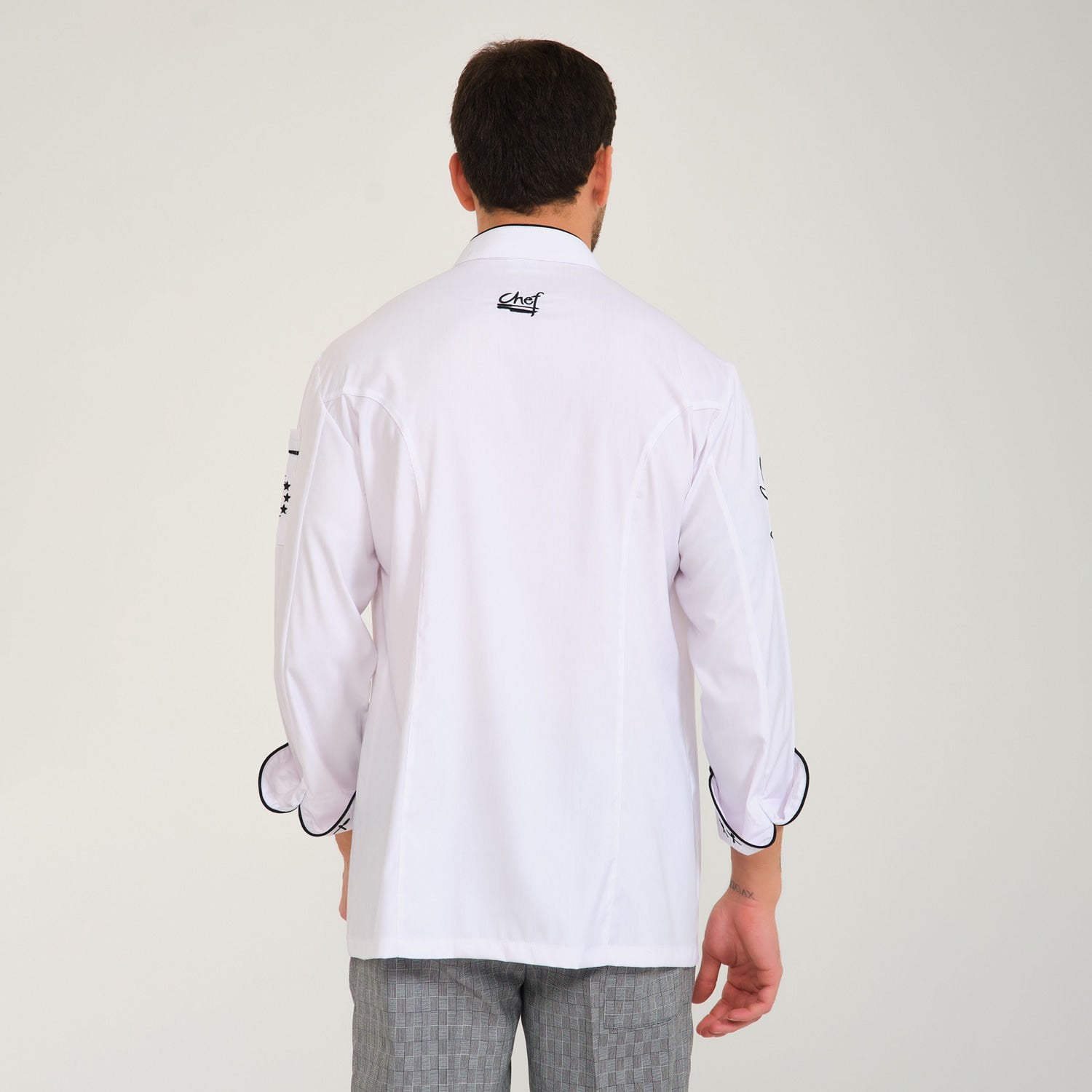 Beyaz Siyah Chef Nakışlı Likralı Aşçı Ceketi