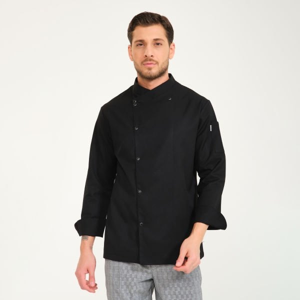 Gabardin Siyah Kruvaze Yaka Aşçı Ceketi