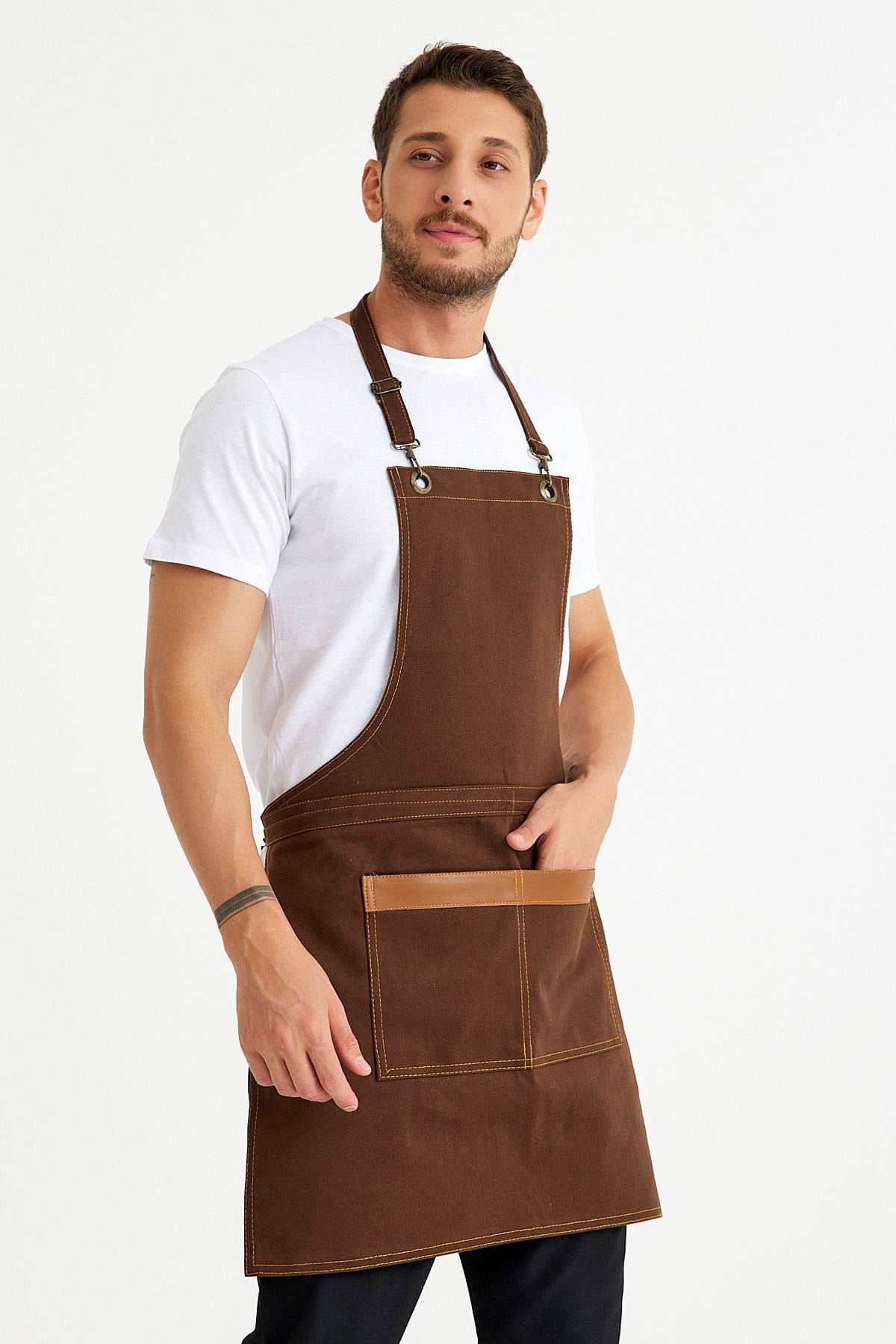 Kahverengi Kot Askılı Cepli Önlük