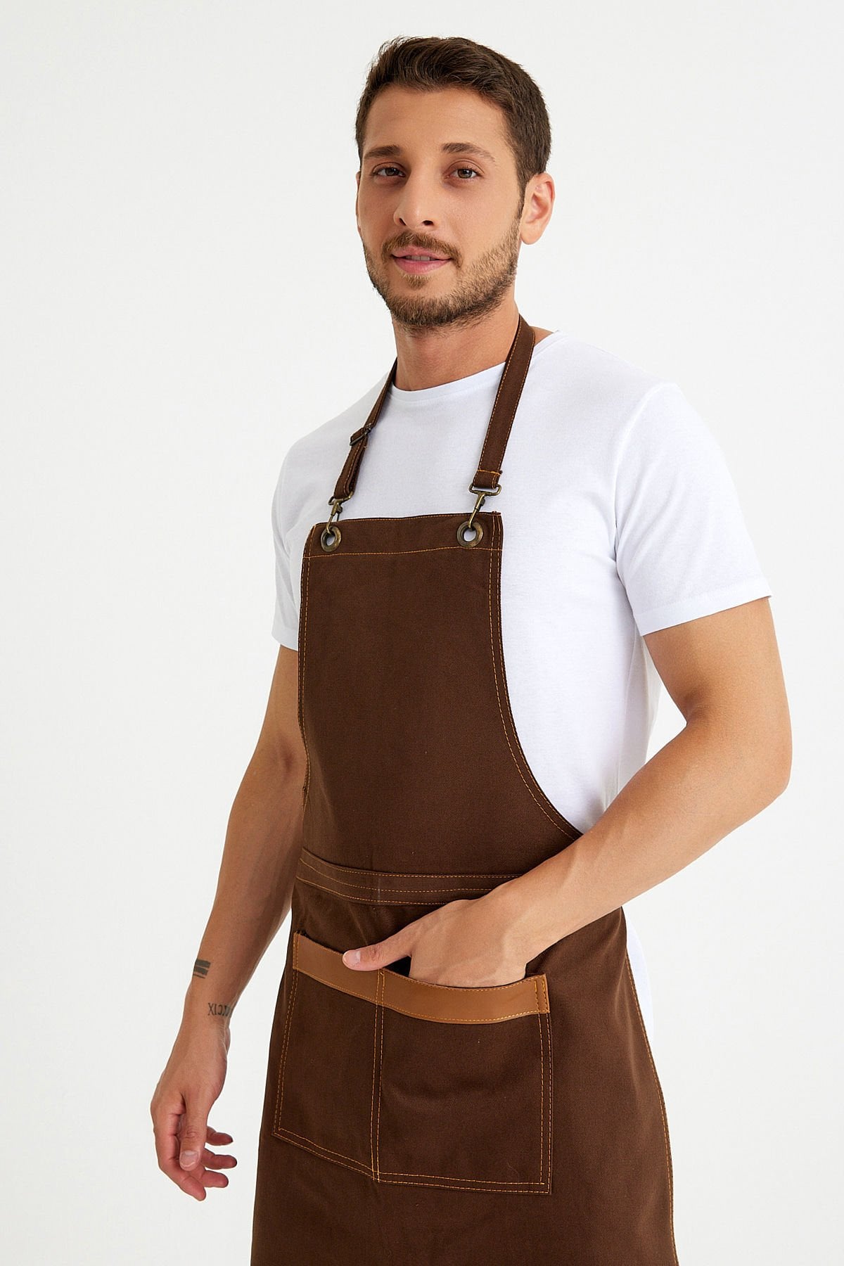 Kahverengi Kot Askılı Cepli Önlük