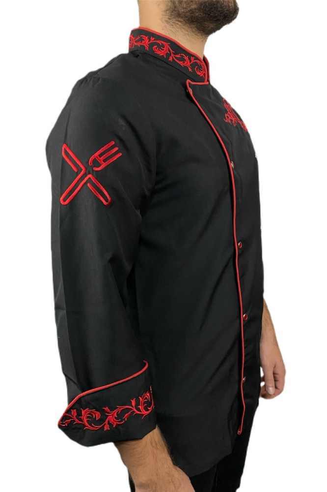 Siyah Kırmızı Nakışlı Hakim Yaka Aşçı Ceketi