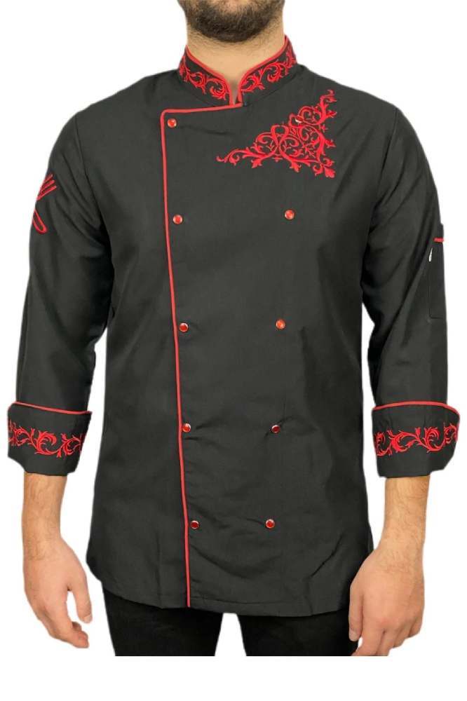 Siyah Kırmızı Nakışlı Hakim Yaka Aşçı Ceketi