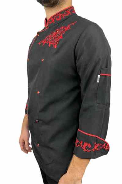 Siyah Kırmızı Nakışlı Hakim Yaka Aşçı Ceketi