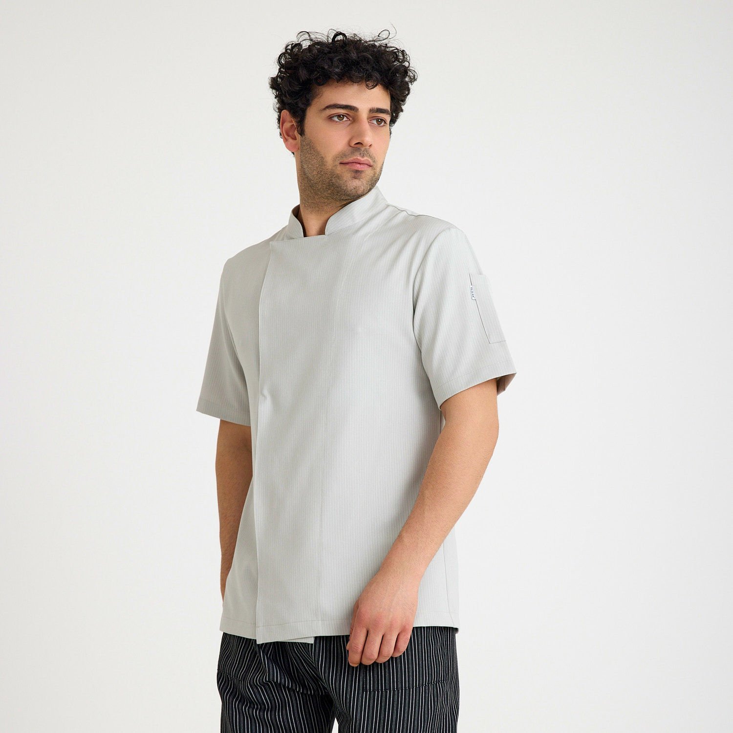 Ekru Çizgili Kısa Kol Likralı Aşçı Ceketi