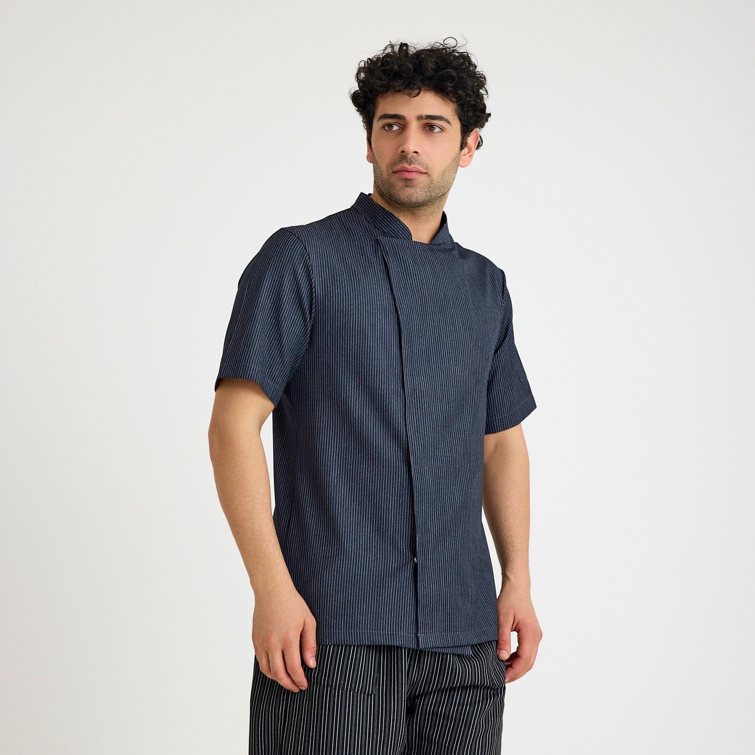 Lacivert Çizgili Kısa Kol Likralı Aşçı Ceketi