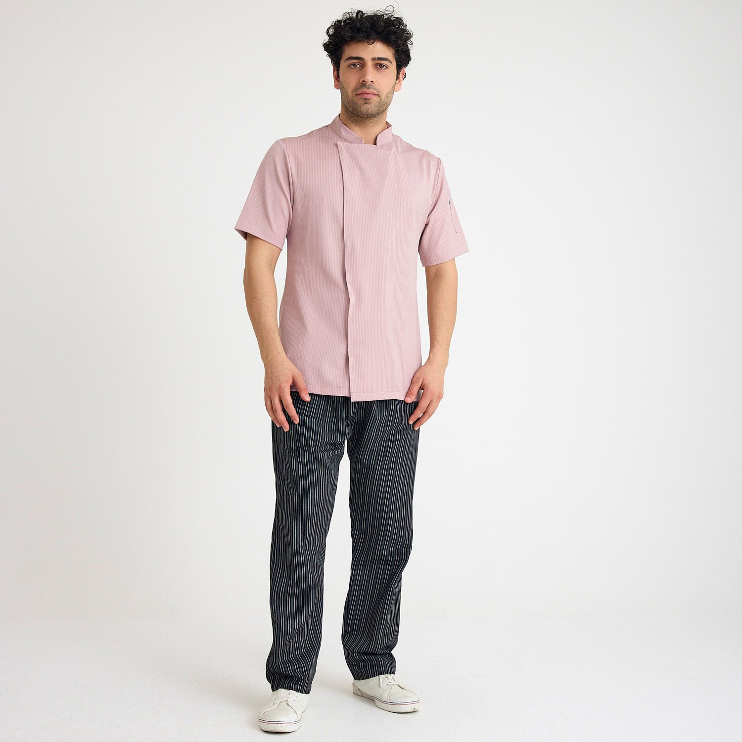 Pembe Çizgili Kısa Kol Likralı Aşçı Ceketi