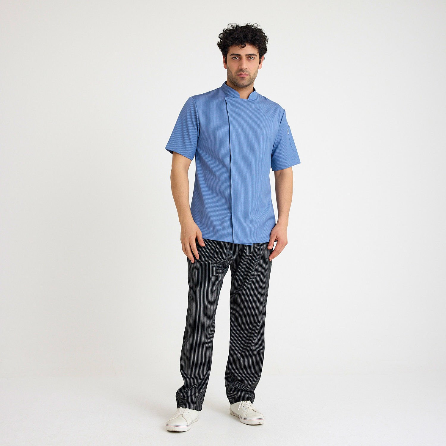 Mavi Çizgili Kısa Kol Likralı Aşçı Ceketi