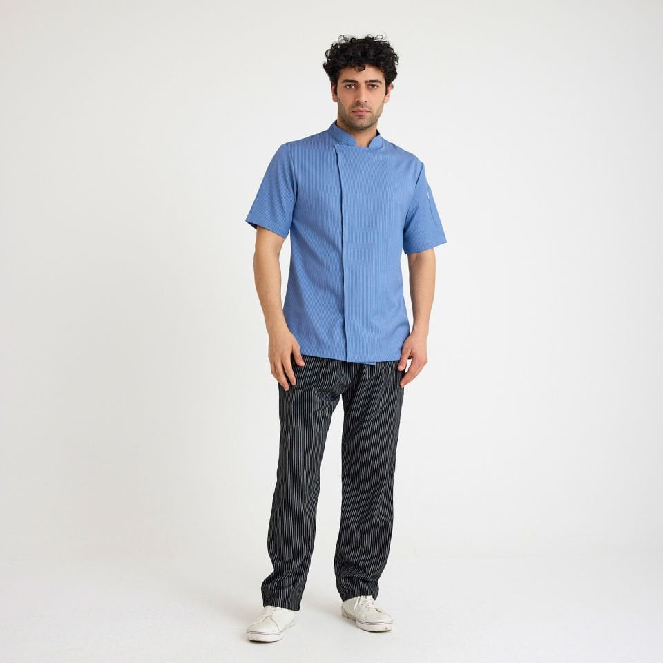 Mavi Çizgili Kısa Kol Likralı Aşçı Ceketi