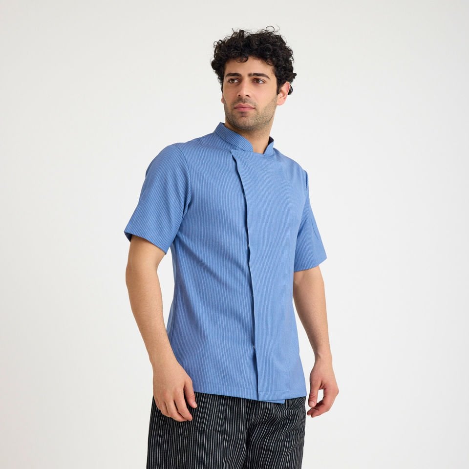 Mavi Çizgili Kısa Kol Likralı Aşçı Ceketi