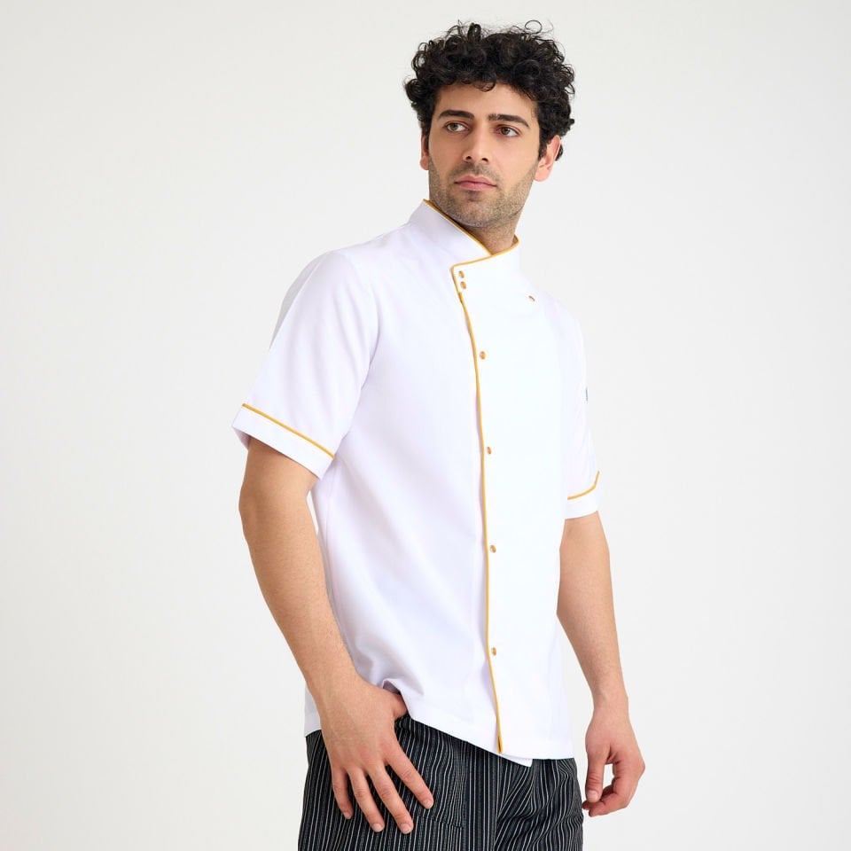 Beyaz Kısa Kol Aşçı Ceketi - Sarı Biye