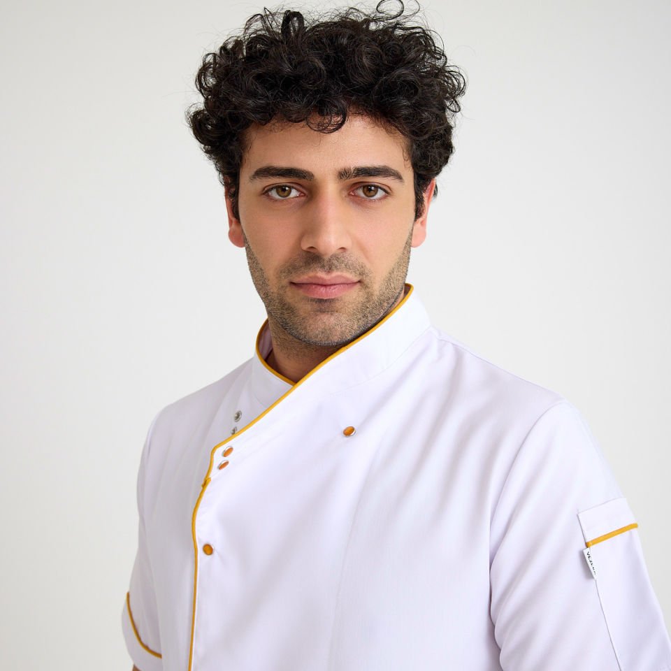 Beyaz Kısa Kol Aşçı Ceketi - Sarı Biye