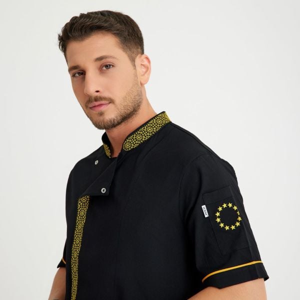 Siyah Kısa Kol Likralı Aşçı Ceketi - Sarı Nakış