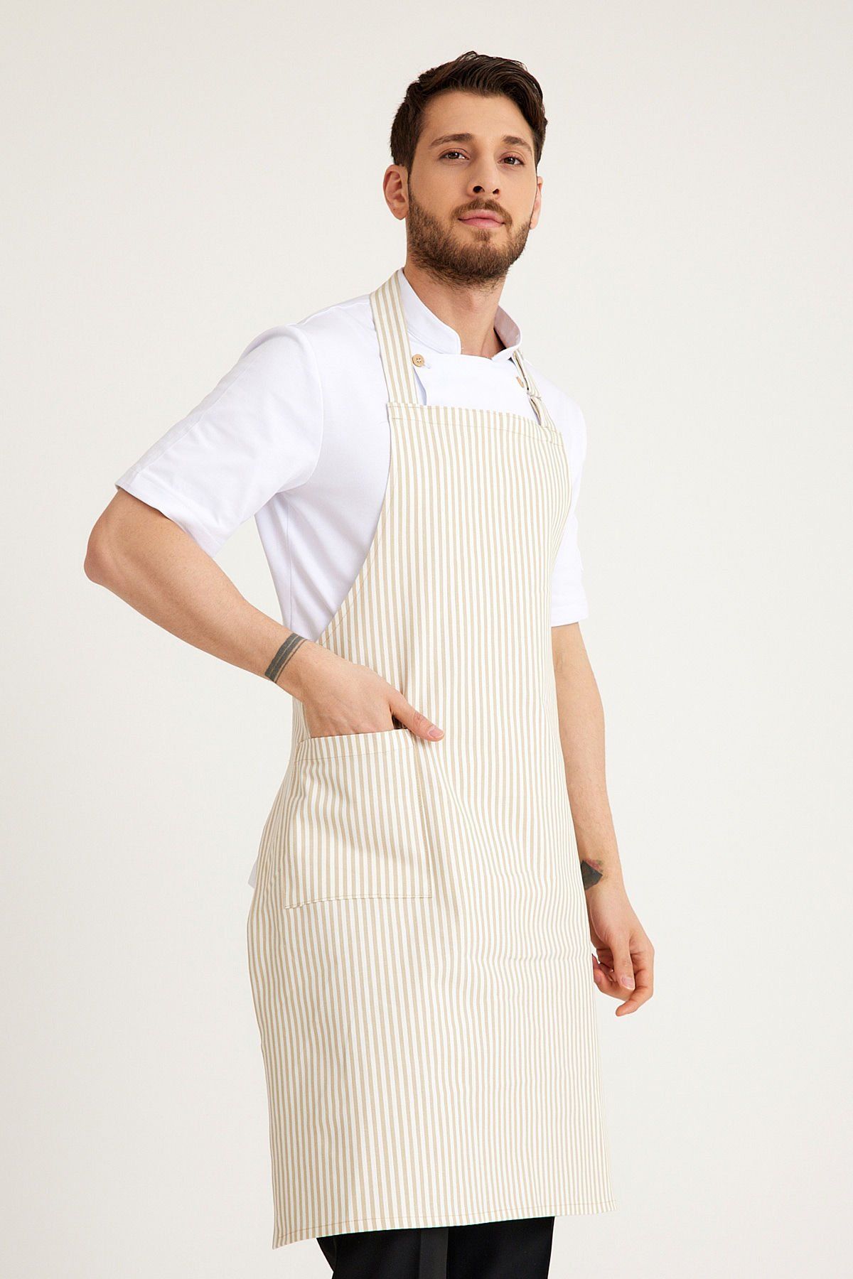 Bej Çizgili Desenli Önlük