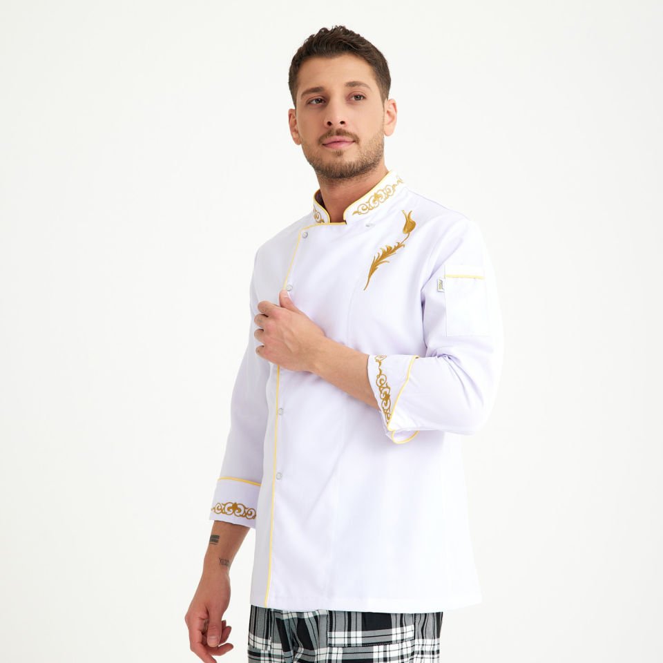  Lale Motif Beyaz Alpaka Aşçı Ceketi