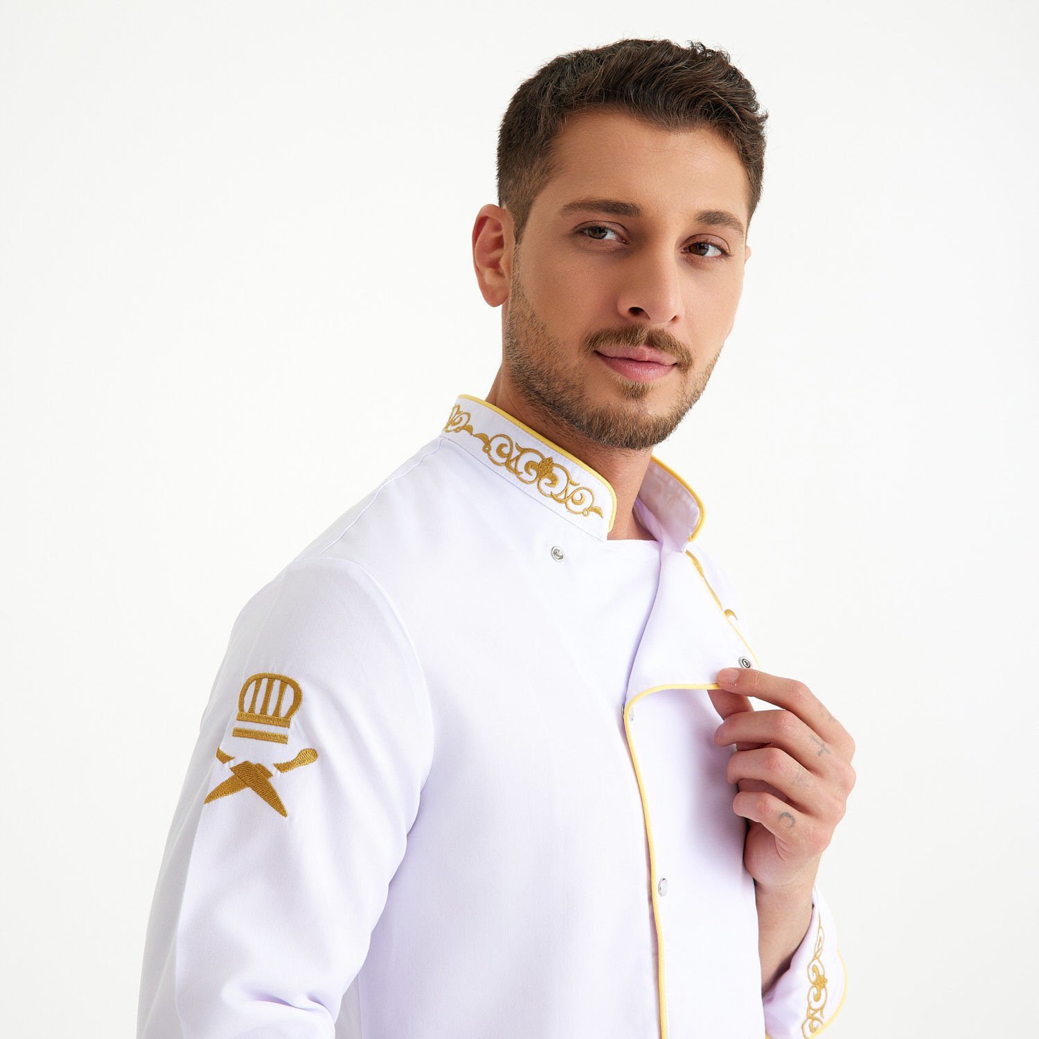  Lale Motif Beyaz Alpaka Aşçı Ceketi