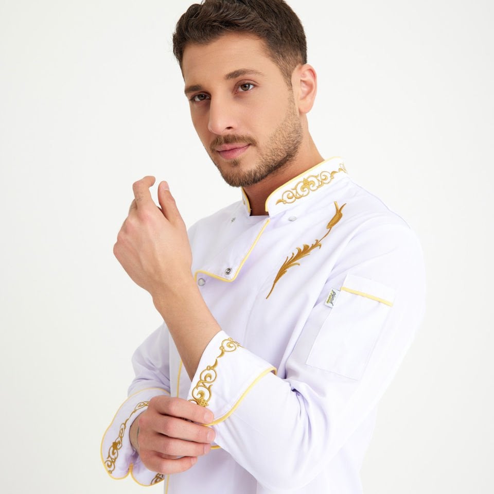  Lale Motif Beyaz Alpaka Aşçı Ceketi