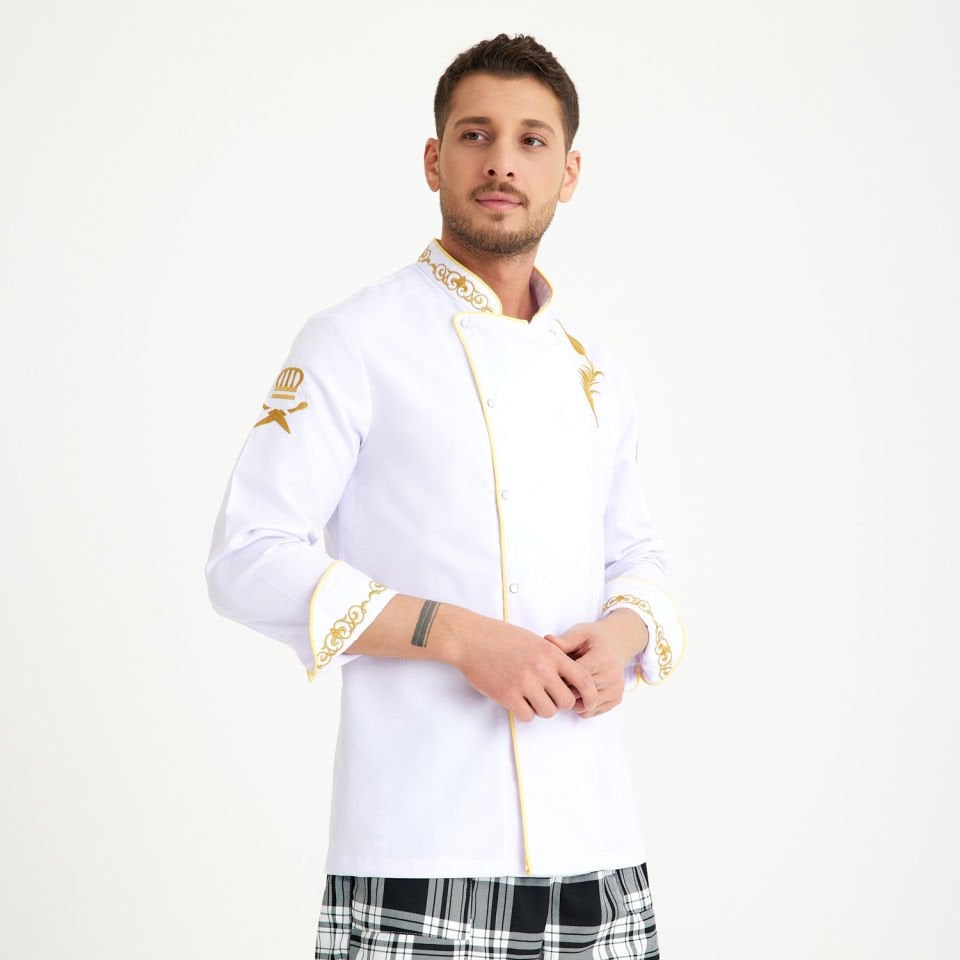  Lale Motif Beyaz Alpaka Aşçı Ceketi