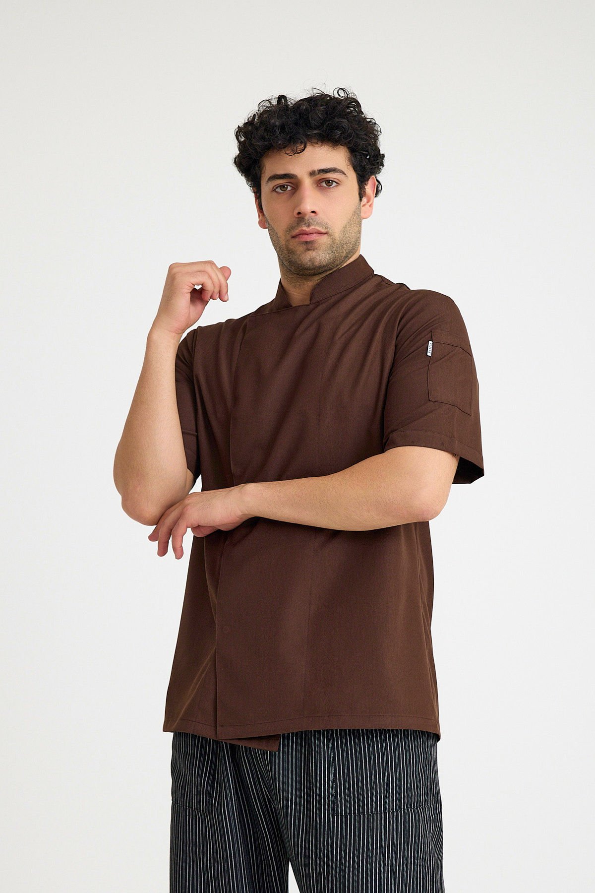 Kahve Hakim Yaka Kısa Kol Alpaka Aşçı Ceketi