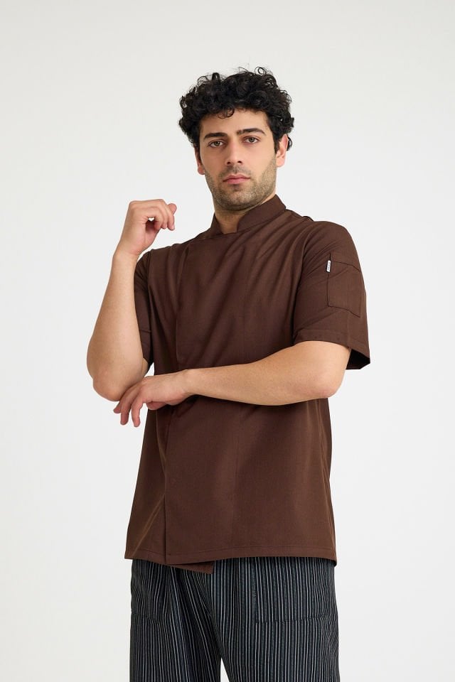 Kahve Hakim Yaka Kısa Kol Alpaka Aşçı Ceketi