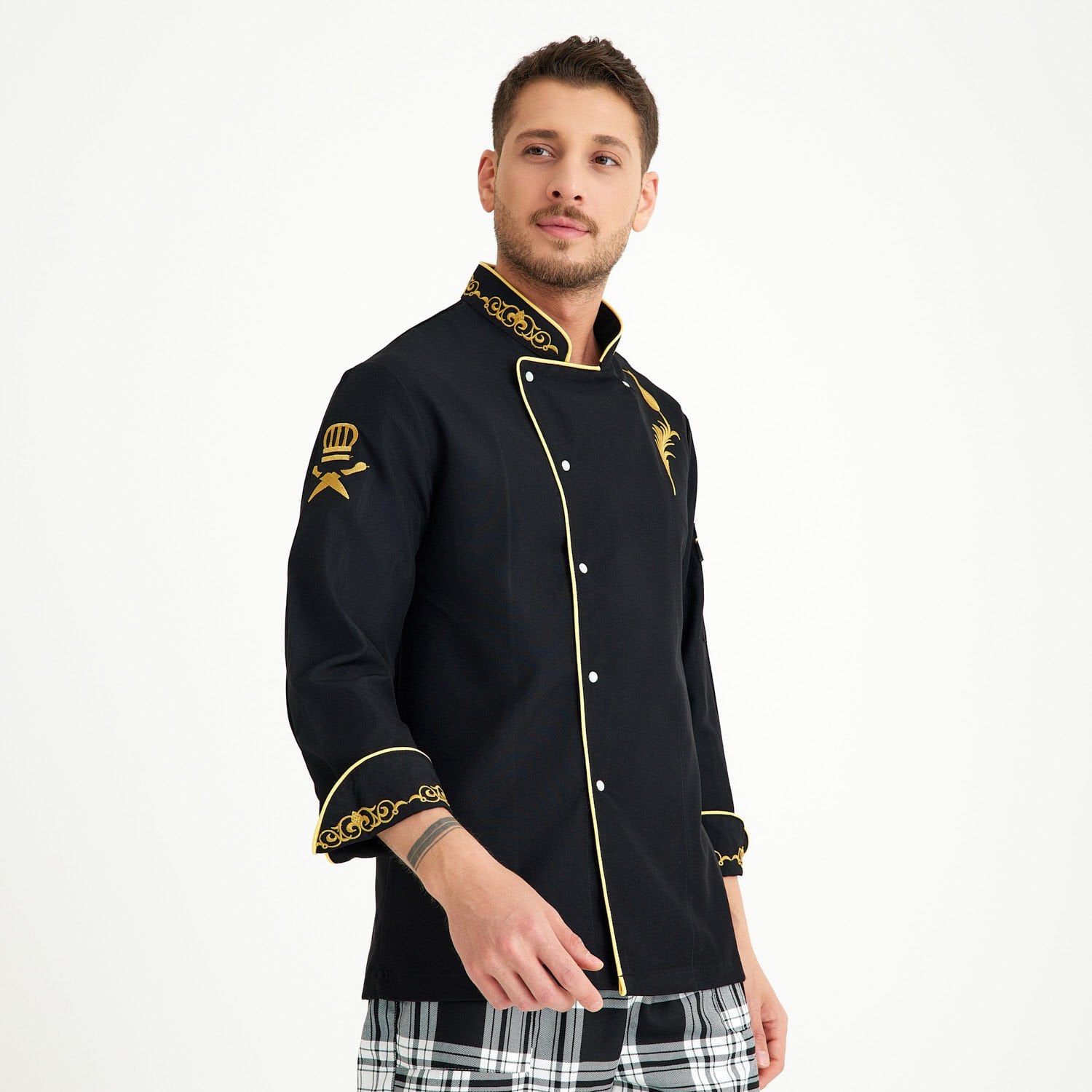  Lale Motif Siyah Alpaka Likralı Aşçı Ceketi