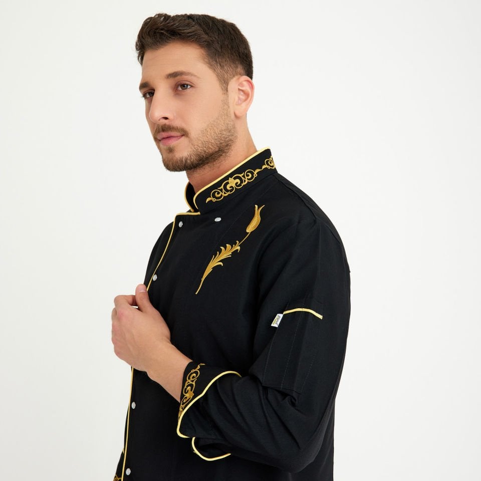  Lale Motif Siyah Alpaka Likralı Aşçı Ceketi