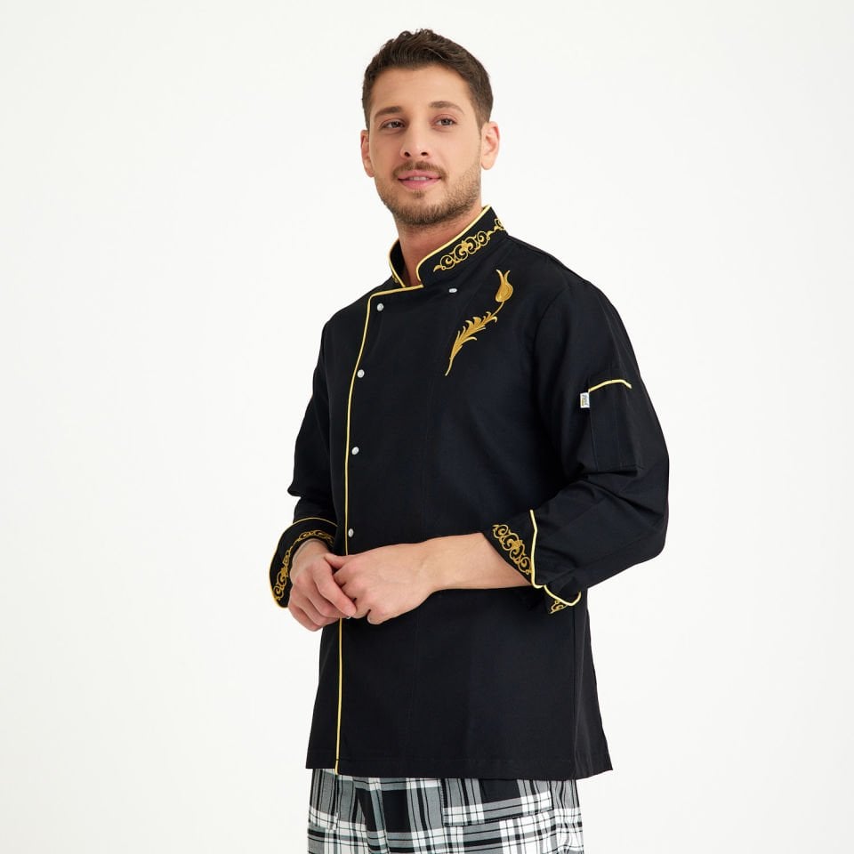  Lale Motif Siyah Alpaka Likralı Aşçı Ceketi