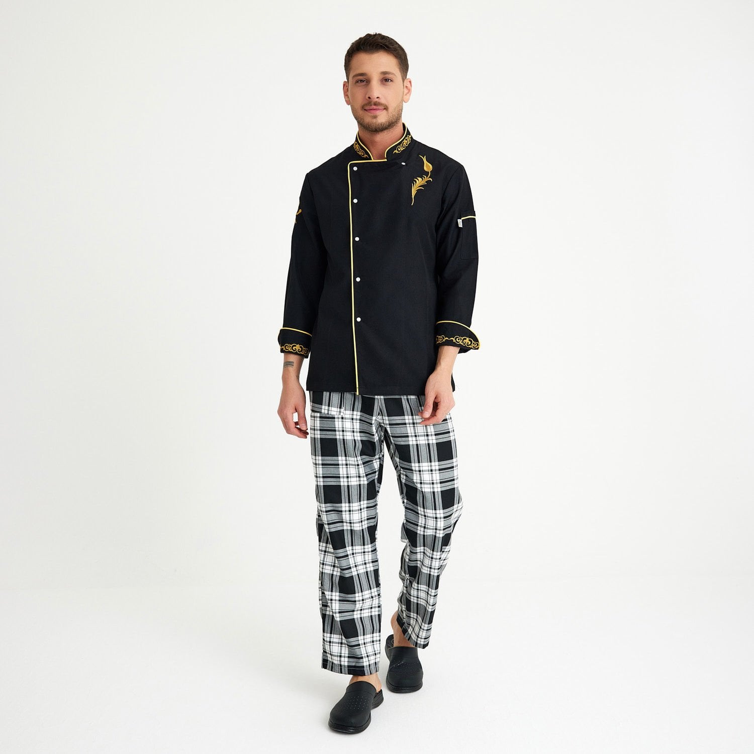  Lale Motif Siyah Alpaka Likralı Aşçı Ceketi