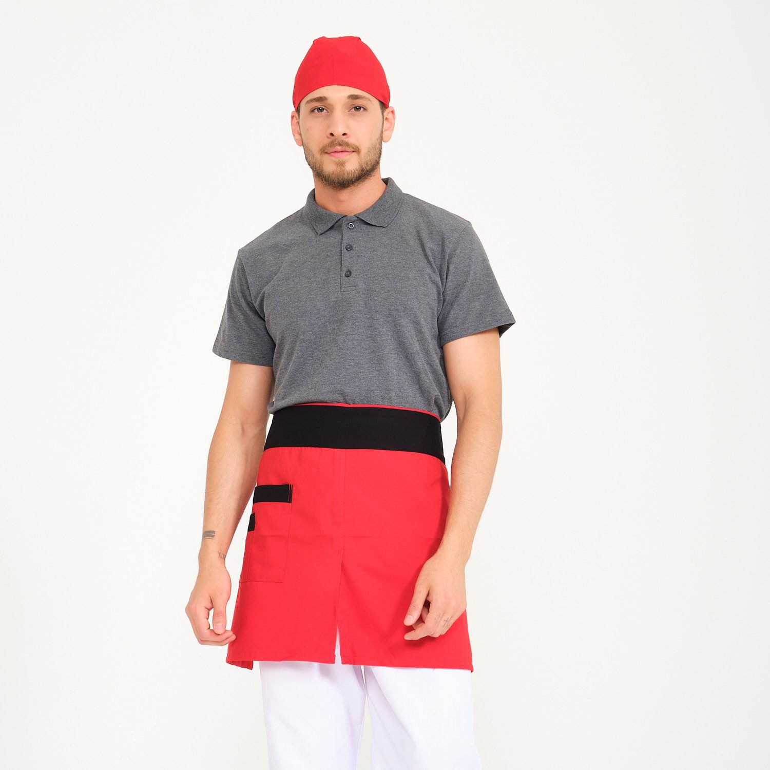 Kırmızı Yarım Önlük Çift Cepli