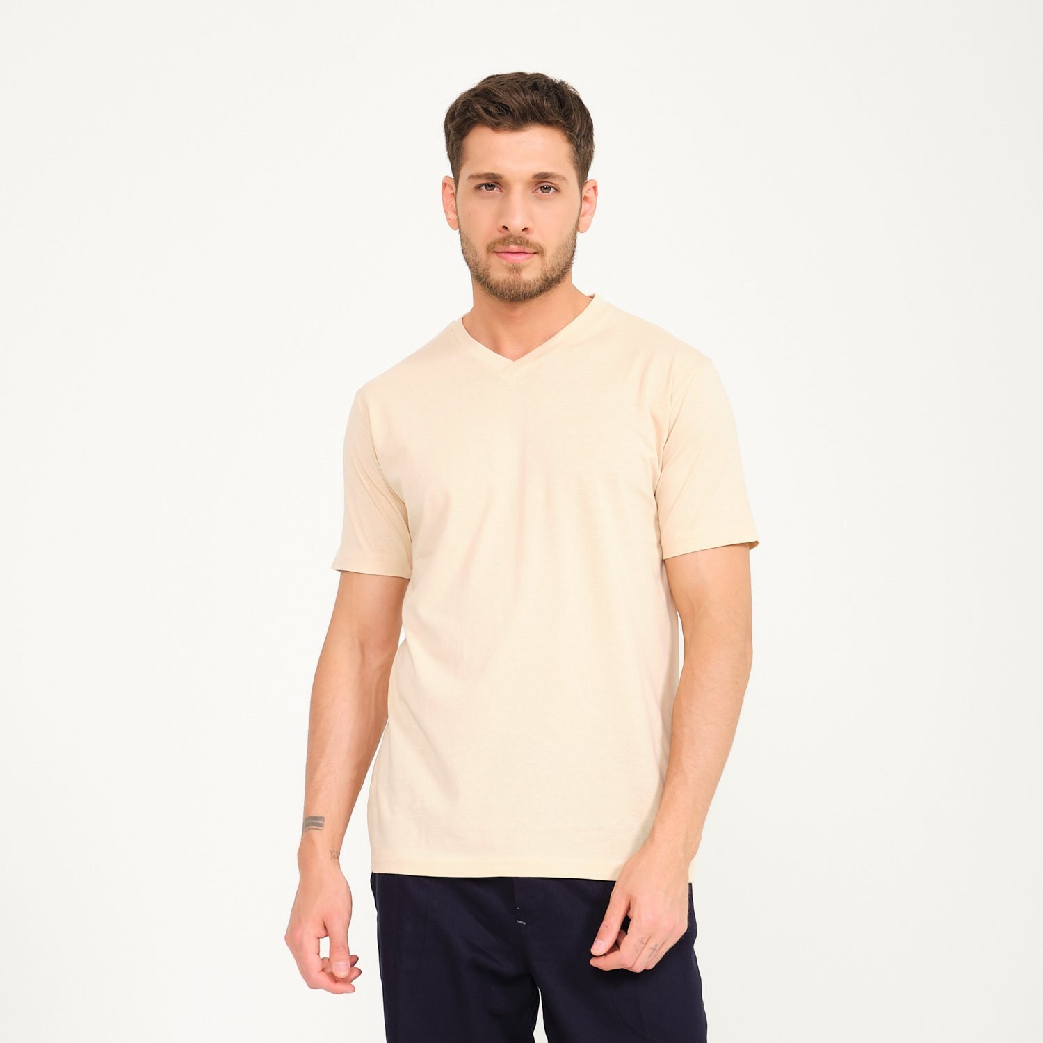 Bej V Yaka İş Tişörtü
