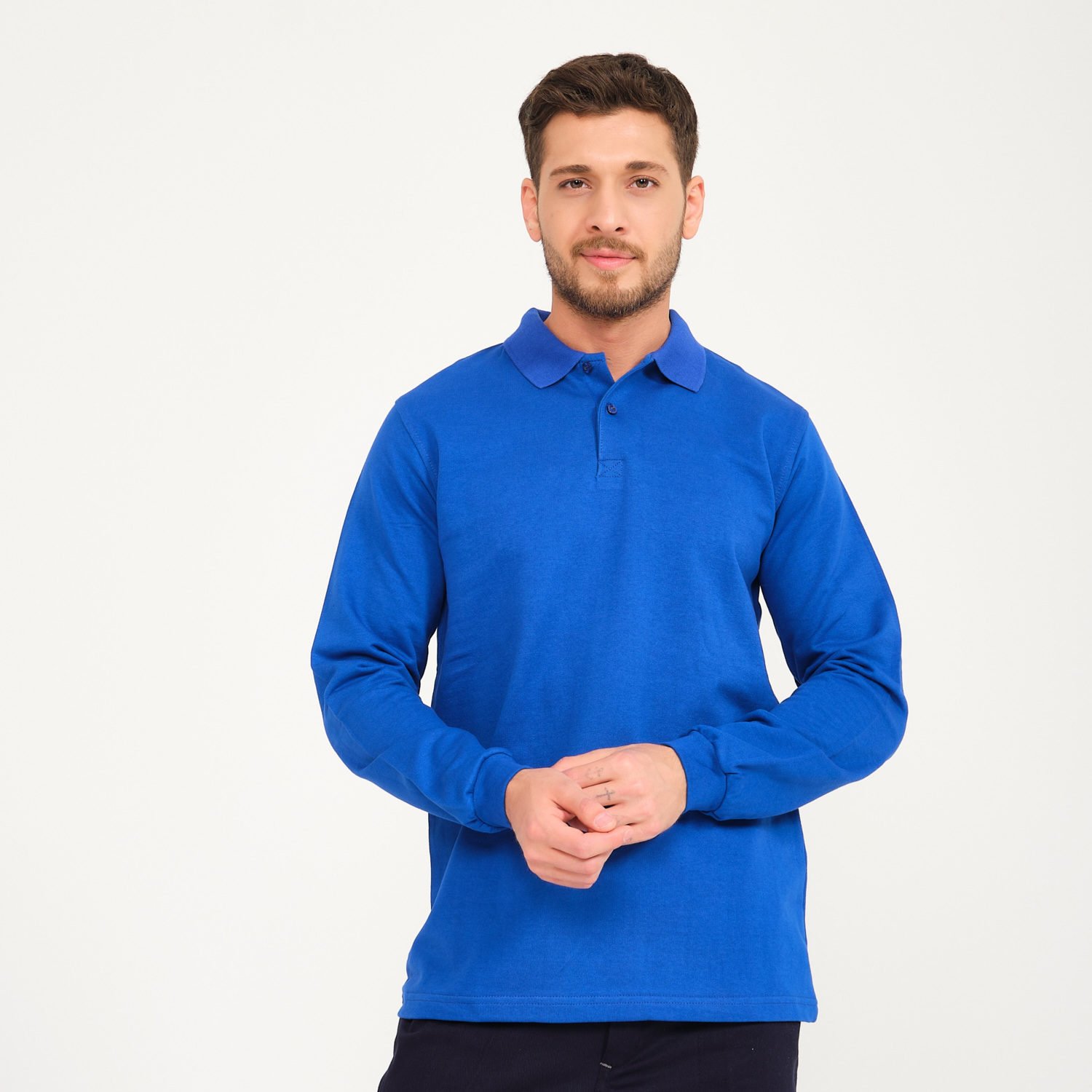Saks Mavi İki İplik Sweatshirt - Polo Yaka