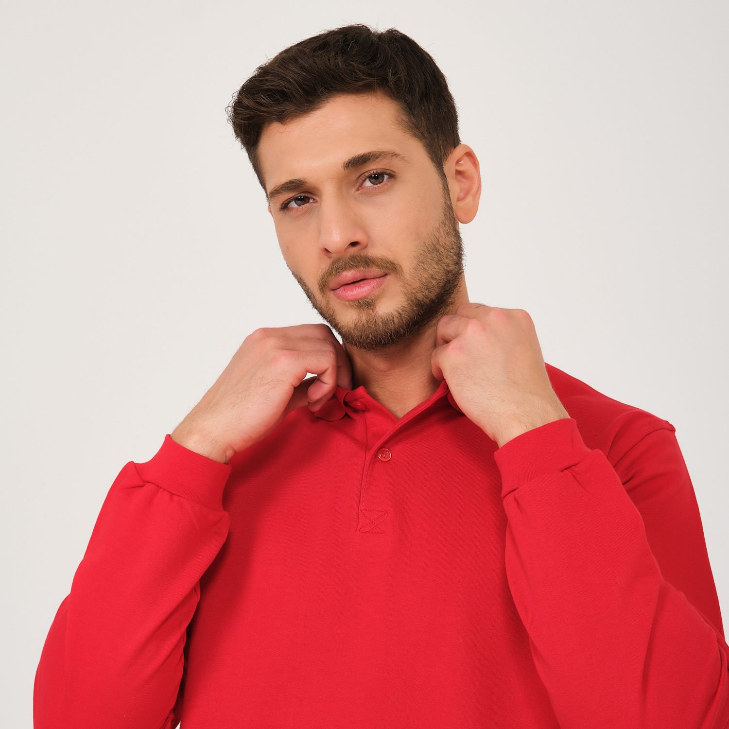 Kırmızı İki İplik Sweatshirt - Polo Yaka