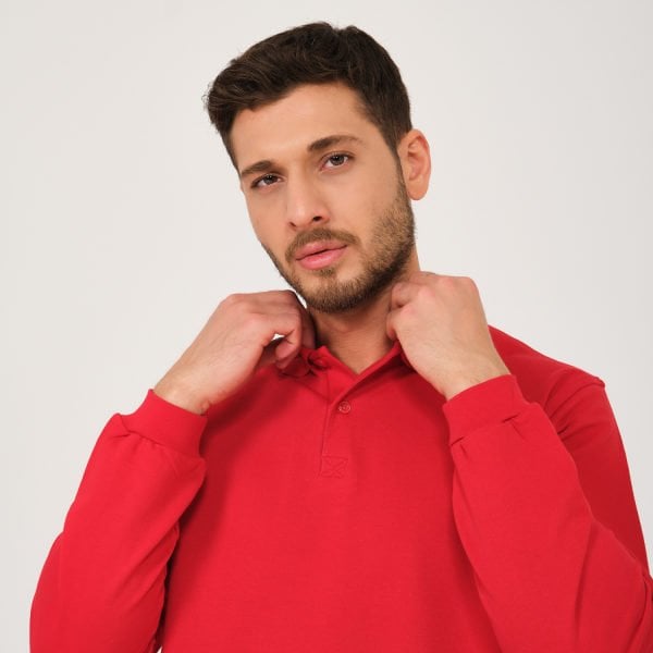 Kırmızı İki İplik Sweatshirt - Polo Yaka